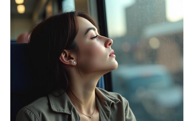 Person calmly observing city life from a tranquil perspective inside a bus, practicing mindfulness during commute.