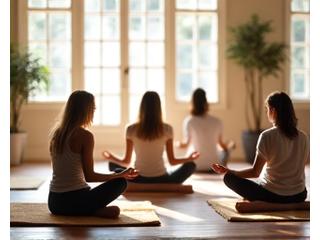 Diverse group of adults meditating together in a serene, light-filled studio, fostering a sense of community.