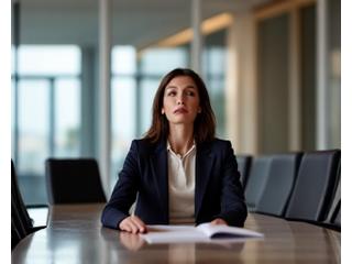 A business professional taking a deep, calming breath before a meeting in a conference room, symbolizing meeting preparation.