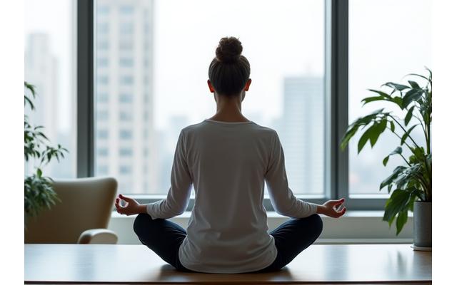 Person meditating discreetly at a desk in a modern office, showing calm amidst activity.