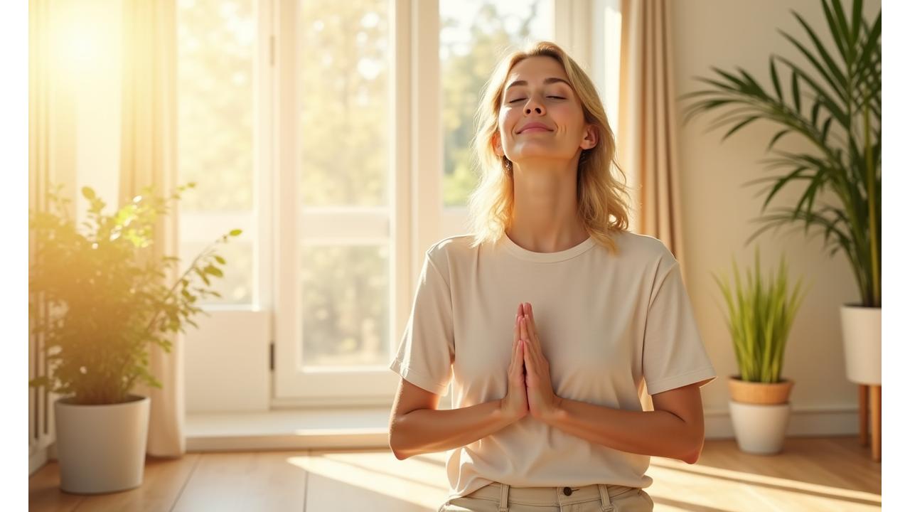 Person engaging in a mindful activity like stretching or gentle yoga with a clear, calming daily challenge overlay.