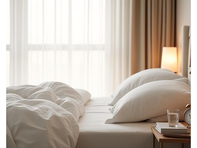 Peaceful bedroom setting with alarm clock and notes on sleep optimization for busy professionals